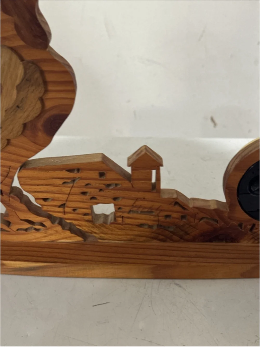 Vintage Lazer Carved Wooden Rooster Clock Intricate Design Handmade 14” Unique